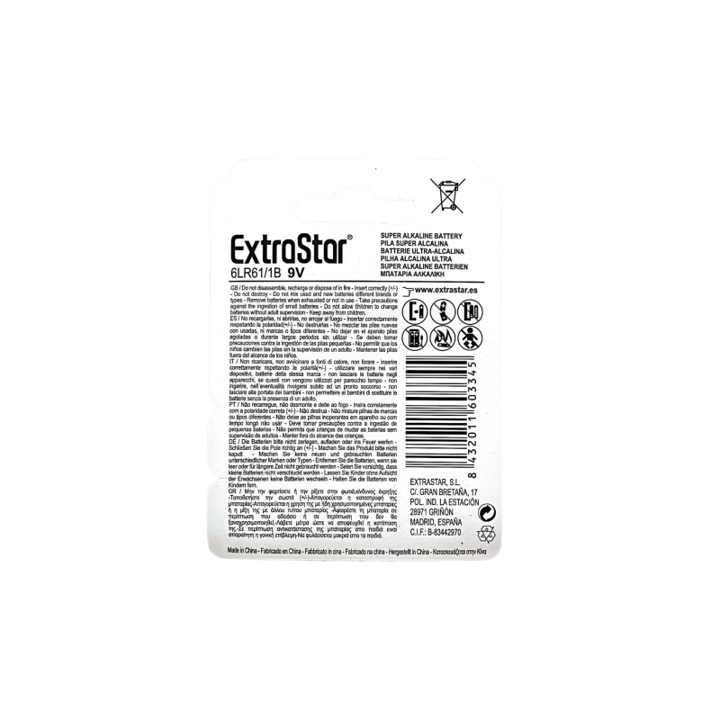 Extrastar 9V - Batteria Alcalina "Alkaline"