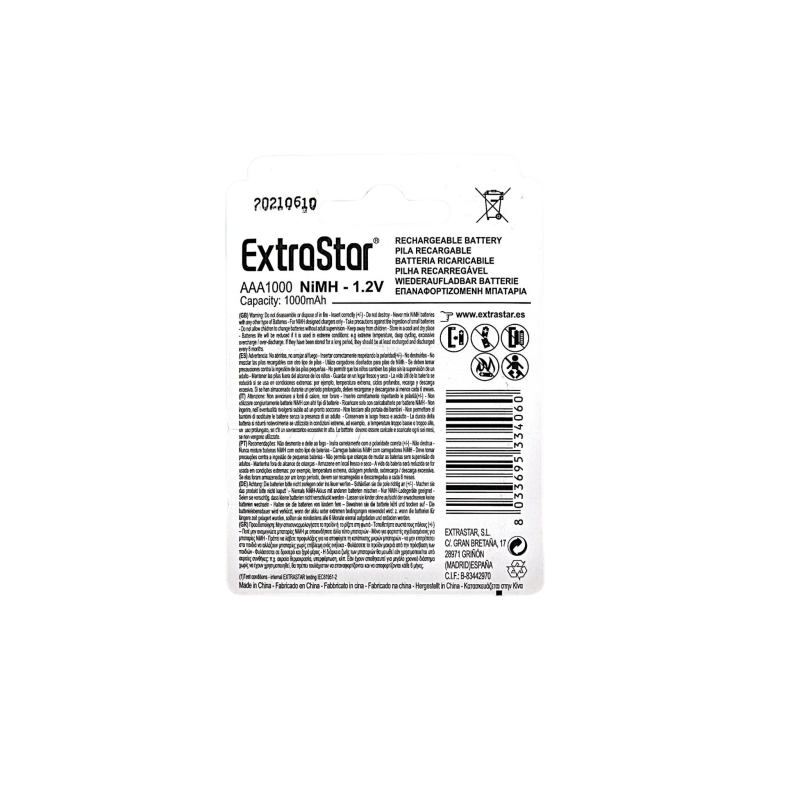 Extrastar AAA 1000mAh - Batteria Ricaricabile "Rechargeable
