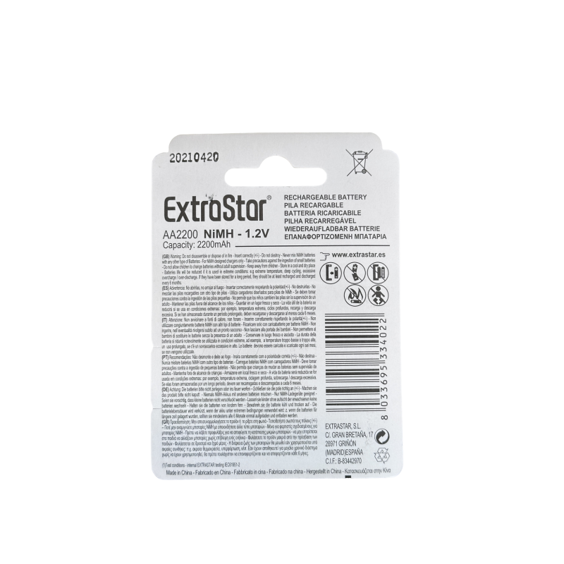 Extrastar AA 2200mAh - Batteria Ricaricabile "Rechargeable