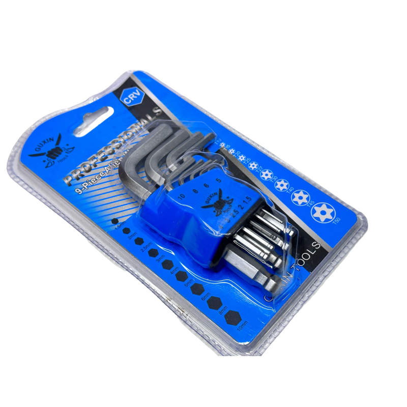 Allen key set of 9 pcs in small steel, hexagonal tip